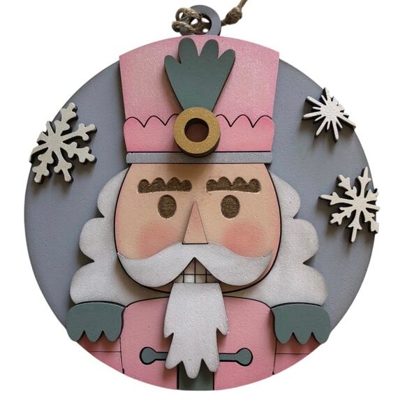 Whimsical Nutcracker Ornament - Pink, Gray & Green Hand Painted Wood - Picture 5 of 5